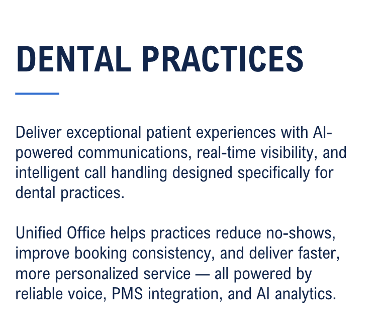 Deliver exceptional patient experiences with AI-powered communications, real-time visibility, and intelligent call handling designed specifically for dental practices.</p>
<p>Unified Office helps practices reduce no-shows, improve booking consistency, and deliver faster, more personalized service — all powered by reliable voice, PMS integration, and AI analytics.<br />
