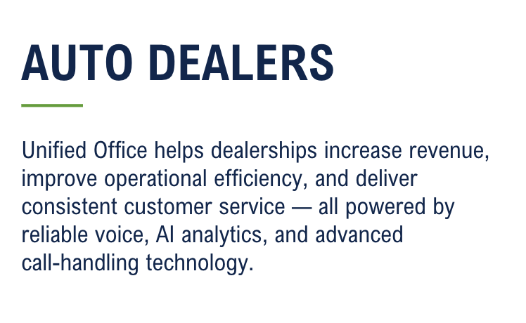 Unified Office helps dealerships increase revenue, improve operational efficiency, and deliver consistent customer service — all powered by reliable voice, AI analytics, and advanced call-handling technology.