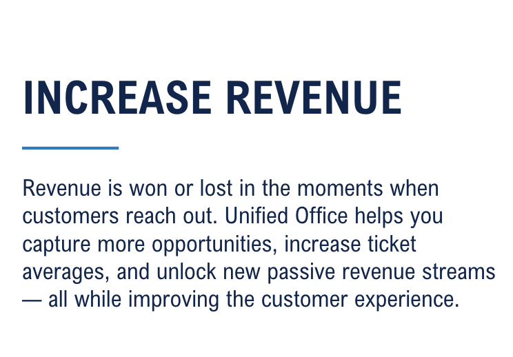 Revenue is won or lost in the moments when customers reach out. Unified Office helps you capture more opportunities, increase ticket averages, and unlock new passive revenue streams — all while improving the customer experience.